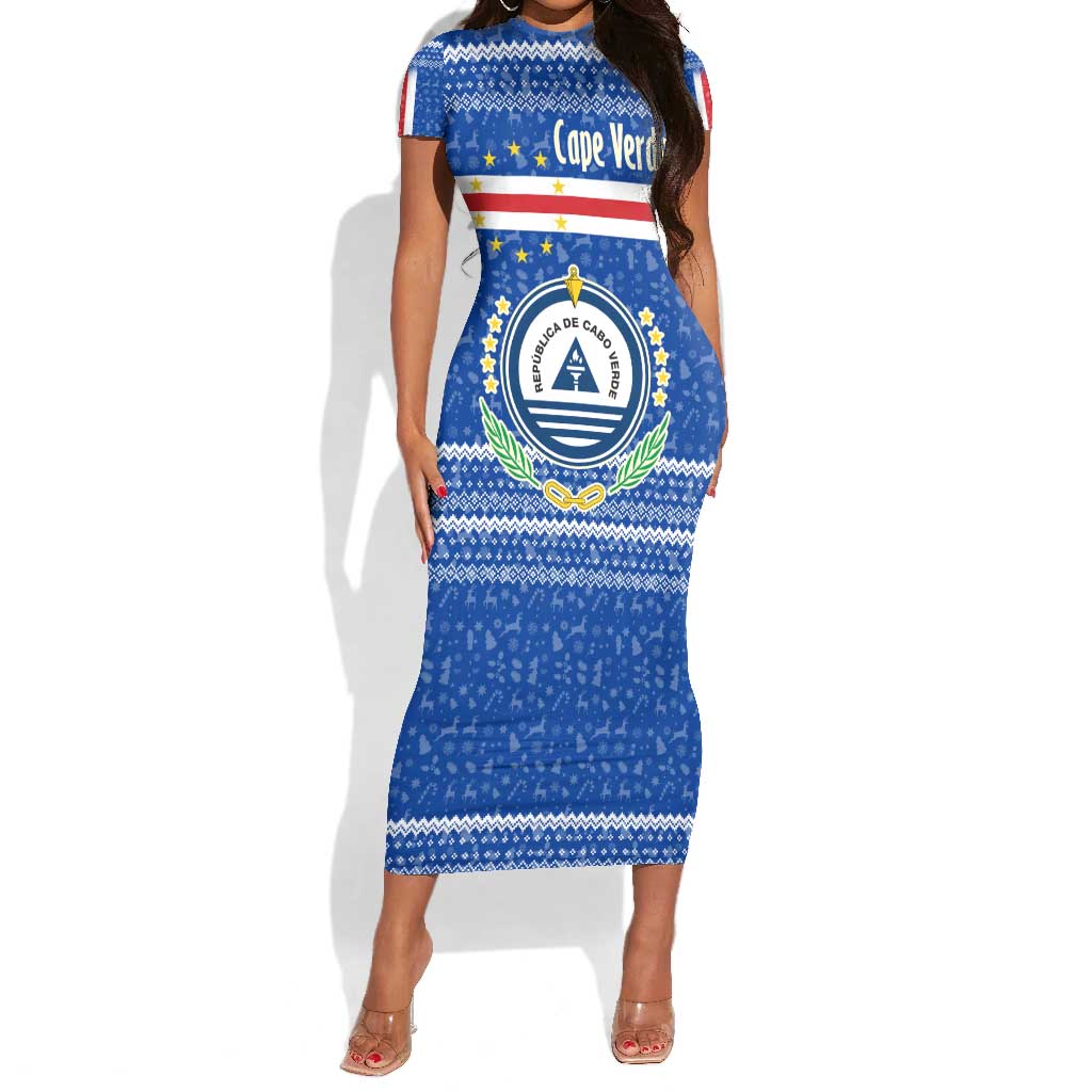 Cape Verde Christmas Short Sleeve Bodycon Dress Blue Festive Pattern Sailing Santa and National Emblem Motif - African Pride
