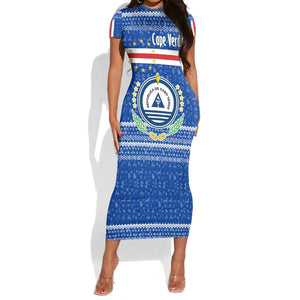 Cape Verde Christmas Short Sleeve Bodycon Dress Blue Festive Pattern Sailing Santa and National Emblem Motif - African Pride
