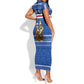 Cape Verde Christmas Short Sleeve Bodycon Dress Blue Festive Pattern Sailing Santa and National Emblem Motif - African Pride