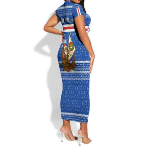 Cape Verde Christmas Short Sleeve Bodycon Dress Blue Festive Pattern Sailing Santa and National Emblem Motif - African Pride