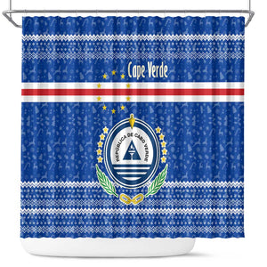 Cape Verde Christmas Shower Curtain Blue Festive Pattern Sailing Santa and National Emblem Motif - African Pride