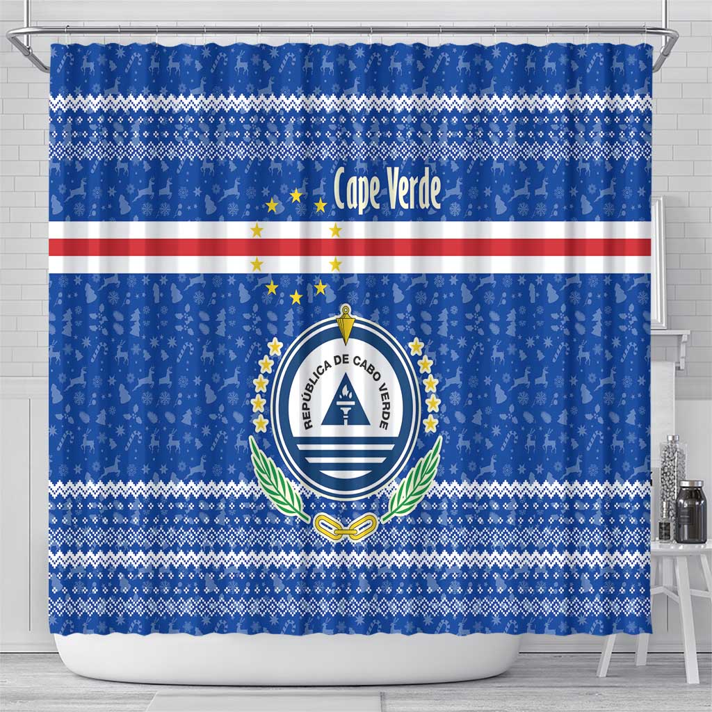 Cape Verde Christmas Shower Curtain Blue Festive Pattern Sailing Santa and National Emblem Motif - African Pride