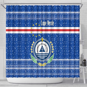 Cape Verde Christmas Shower Curtain Blue Festive Pattern Sailing Santa and National Emblem Motif - African Pride