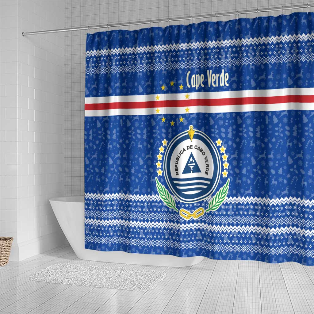 Cape Verde Christmas Shower Curtain Blue Festive Pattern Sailing Santa and National Emblem Motif - African Pride