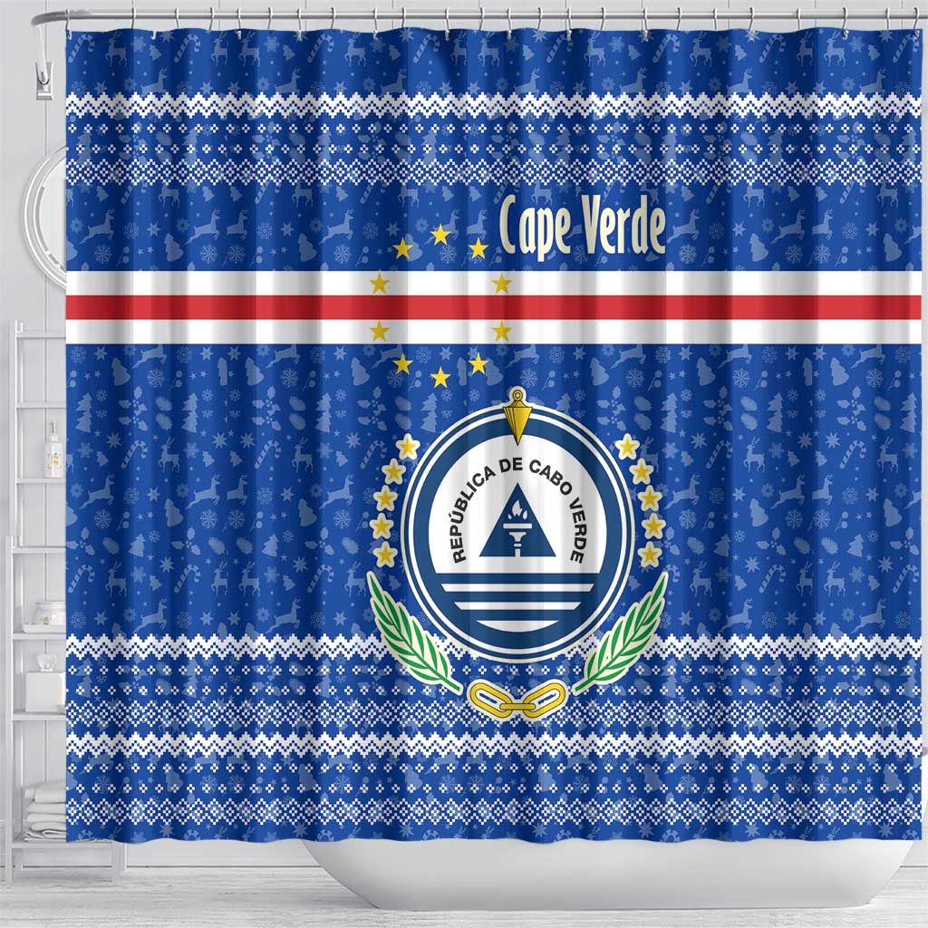 Cape Verde Christmas Shower Curtain Blue Festive Pattern Sailing Santa and National Emblem Motif - African Pride