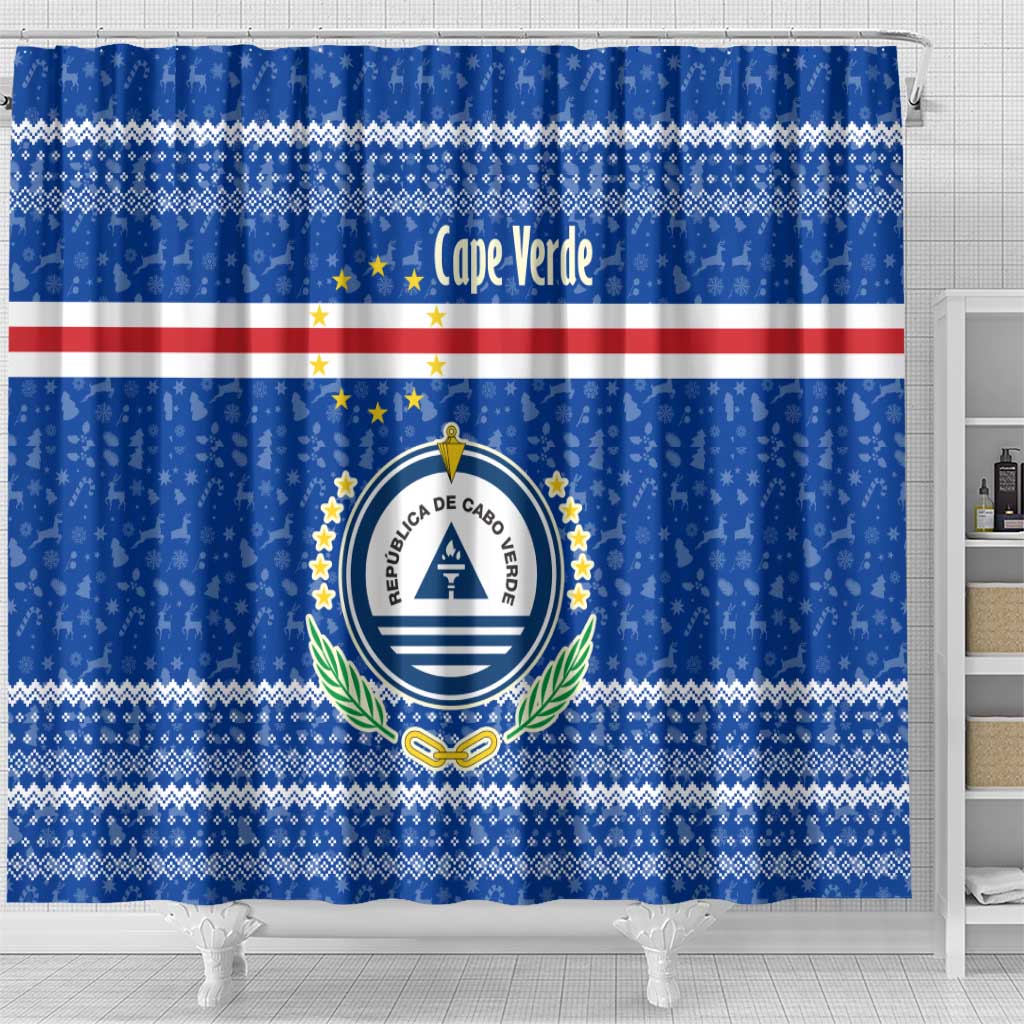Cape Verde Christmas Shower Curtain Blue Festive Pattern Sailing Santa and National Emblem Motif - African Pride