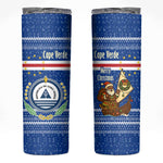 Cape Verde Christmas Skinny Tumbler Blue Festive Pattern Sailing Santa and National Emblem Motif - African Pride