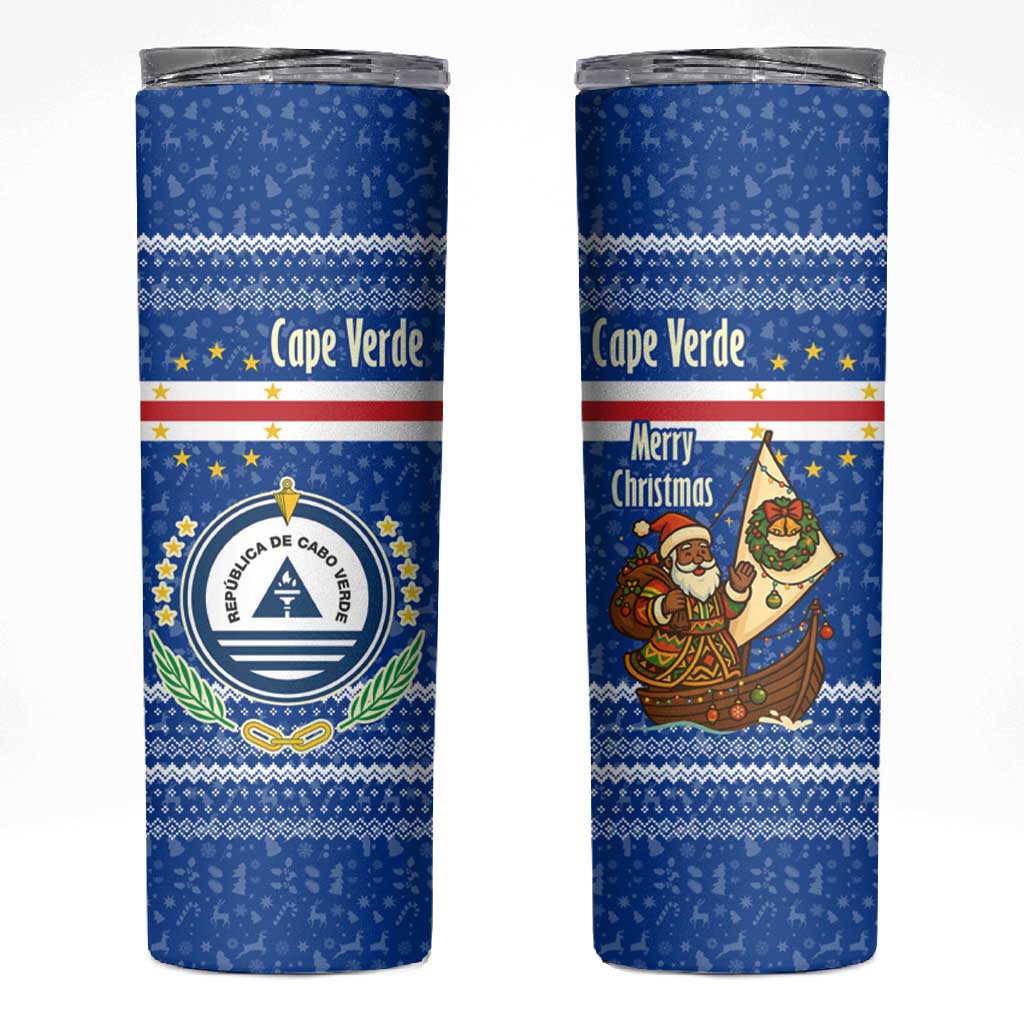 Cape Verde Christmas Skinny Tumbler Blue Festive Pattern Sailing Santa and National Emblem Motif - African Pride