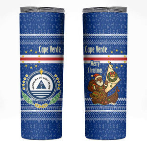 Cape Verde Christmas Skinny Tumbler Blue Festive Pattern Sailing Santa and National Emblem Motif - African Pride