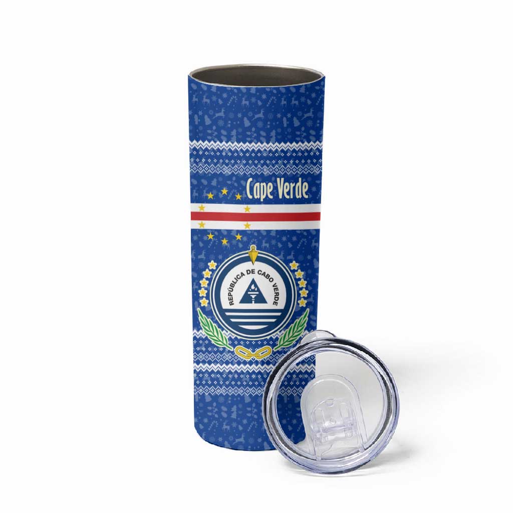 Cape Verde Christmas Skinny Tumbler Blue Festive Pattern Sailing Santa and National Emblem Motif - African Pride