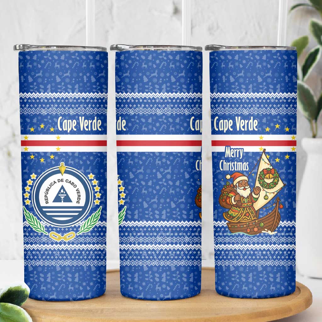 Cape Verde Christmas Skinny Tumbler Blue Festive Pattern Sailing Santa and National Emblem Motif - African Pride