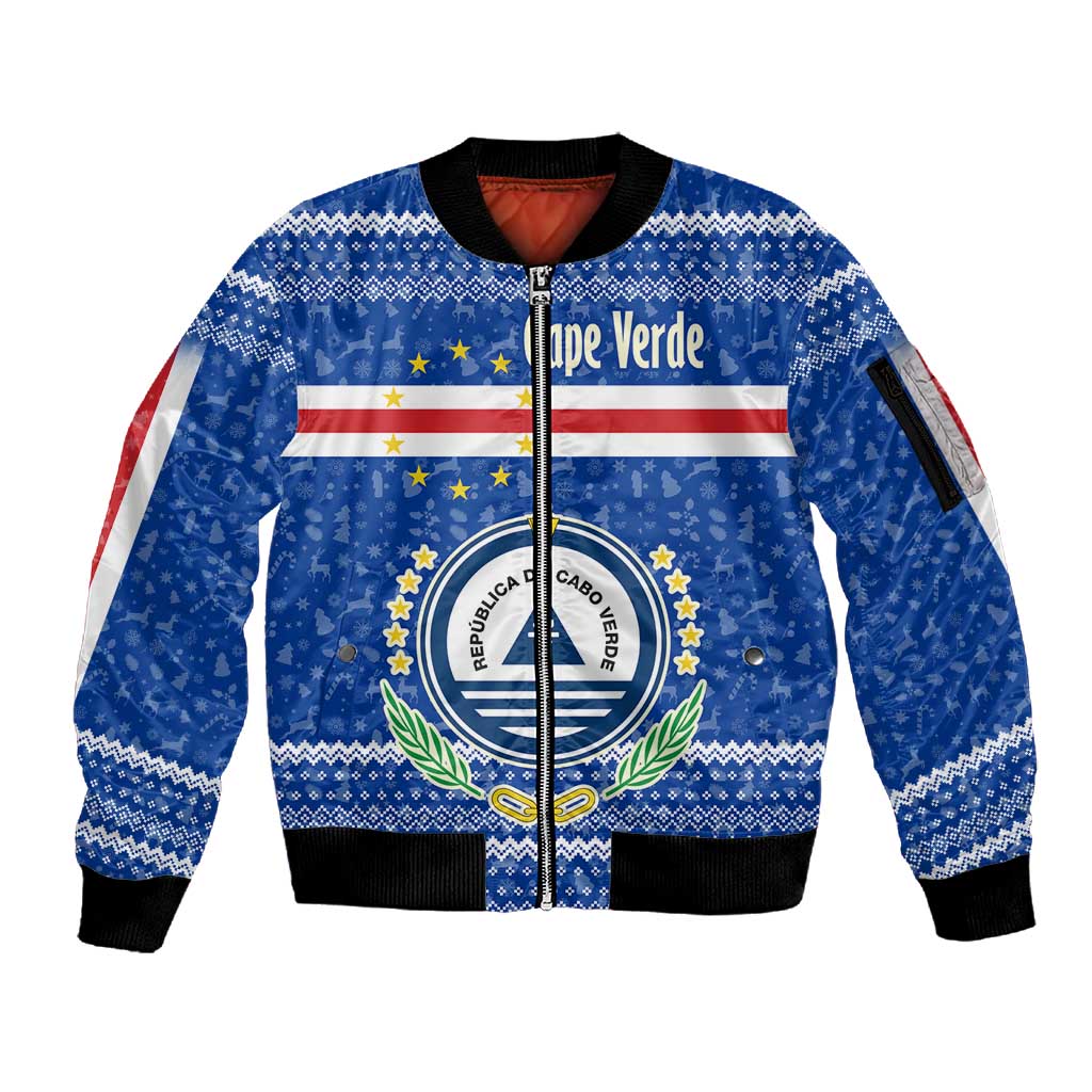 Cape Verde Christmas Sleeve Zip Bomber Jacket Blue Festive Pattern Sailing Santa and National Emblem Motif - African Pride