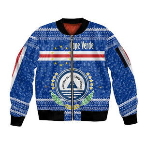 Cape Verde Christmas Sleeve Zip Bomber Jacket Blue Festive Pattern Sailing Santa and National Emblem Motif - African Pride