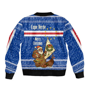 Cape Verde Christmas Sleeve Zip Bomber Jacket Blue Festive Pattern Sailing Santa and National Emblem Motif - African Pride