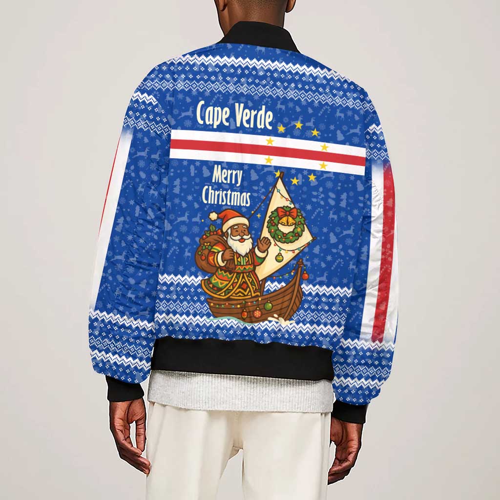 Cape Verde Christmas Sleeve Zip Bomber Jacket Blue Festive Pattern Sailing Santa and National Emblem Motif - African Pride