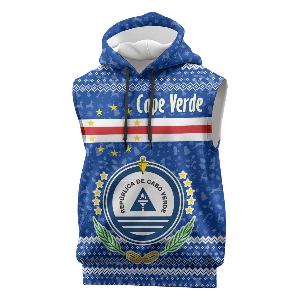Cape Verde Christmas Sleeveless Hoodie Blue Festive Pattern Sailing Santa and National Emblem Motif - African Pride
