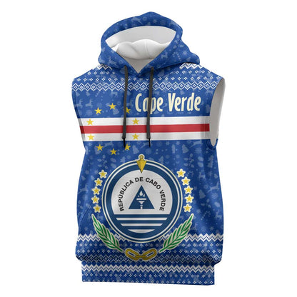 Cape Verde Christmas Sleeveless Hoodie Blue Festive Pattern Sailing Santa and National Emblem Motif - African Pride