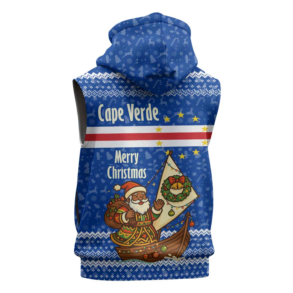 Cape Verde Christmas Sleeveless Hoodie Blue Festive Pattern Sailing Santa and National Emblem Motif - African Pride