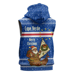 Cape Verde Christmas Sleeveless Hoodie Blue Festive Pattern Sailing Santa and National Emblem Motif - African Pride