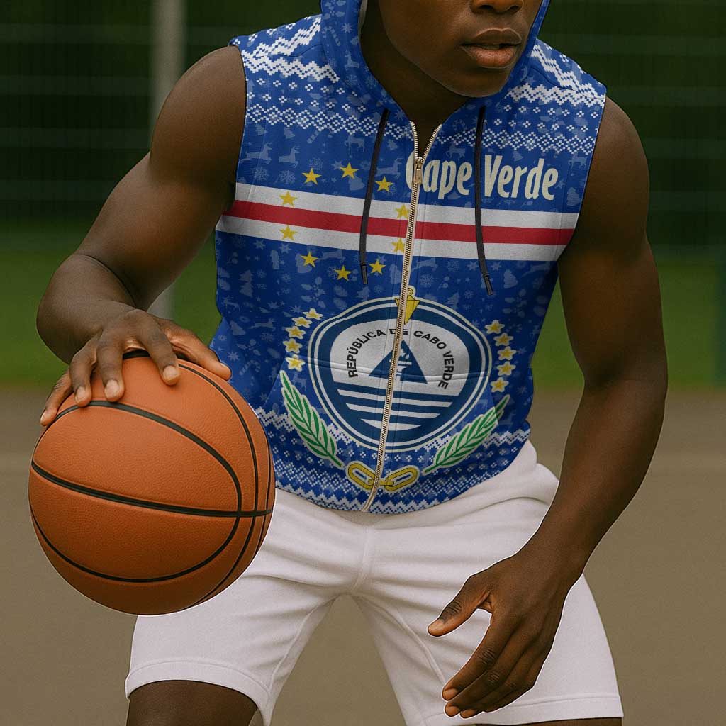 Cape Verde Christmas Sleeveless Zip Hoodie Blue Festive Pattern Sailing Santa and National Emblem Motif - African Pride