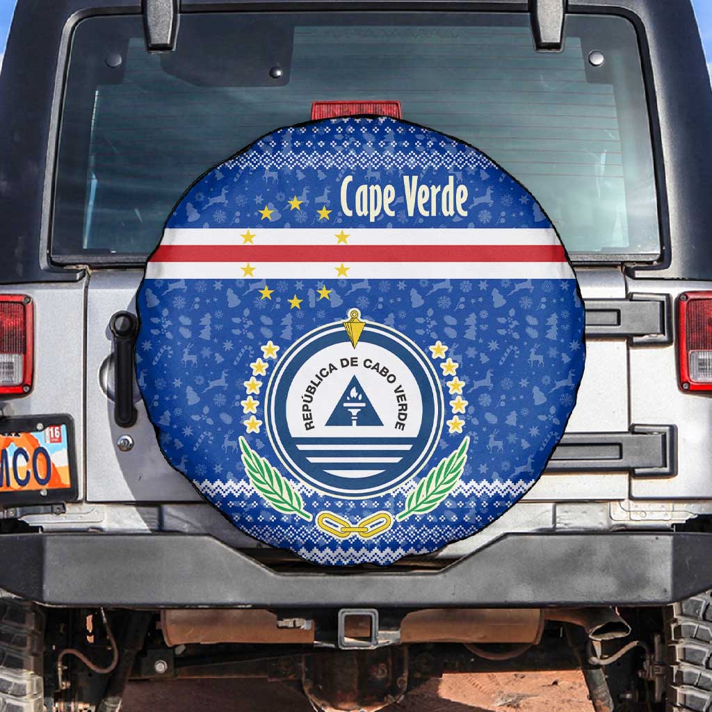 Cape Verde Christmas Spare Tire Cover Blue Festive Pattern Sailing Santa and National Emblem Motif - African Pride