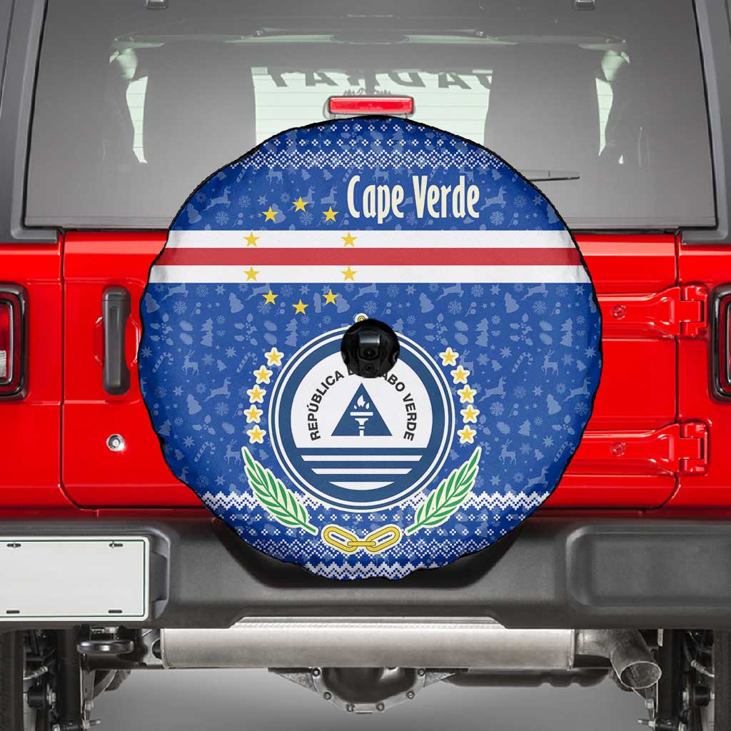 Cape Verde Christmas Spare Tire Cover Blue Festive Pattern Sailing Santa and National Emblem Motif - African Pride