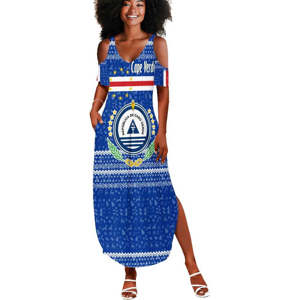 Cape Verde Christmas Summer Maxi Dress Blue Festive Pattern Sailing Santa and National Emblem Motif - African Pride