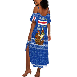 Cape Verde Christmas Summer Maxi Dress Blue Festive Pattern Sailing Santa and National Emblem Motif - African Pride