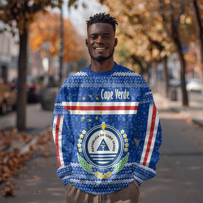 Cape Verde Christmas Sweatshirt Blue Festive Pattern Sailing Santa and National Emblem Motif - African Pride