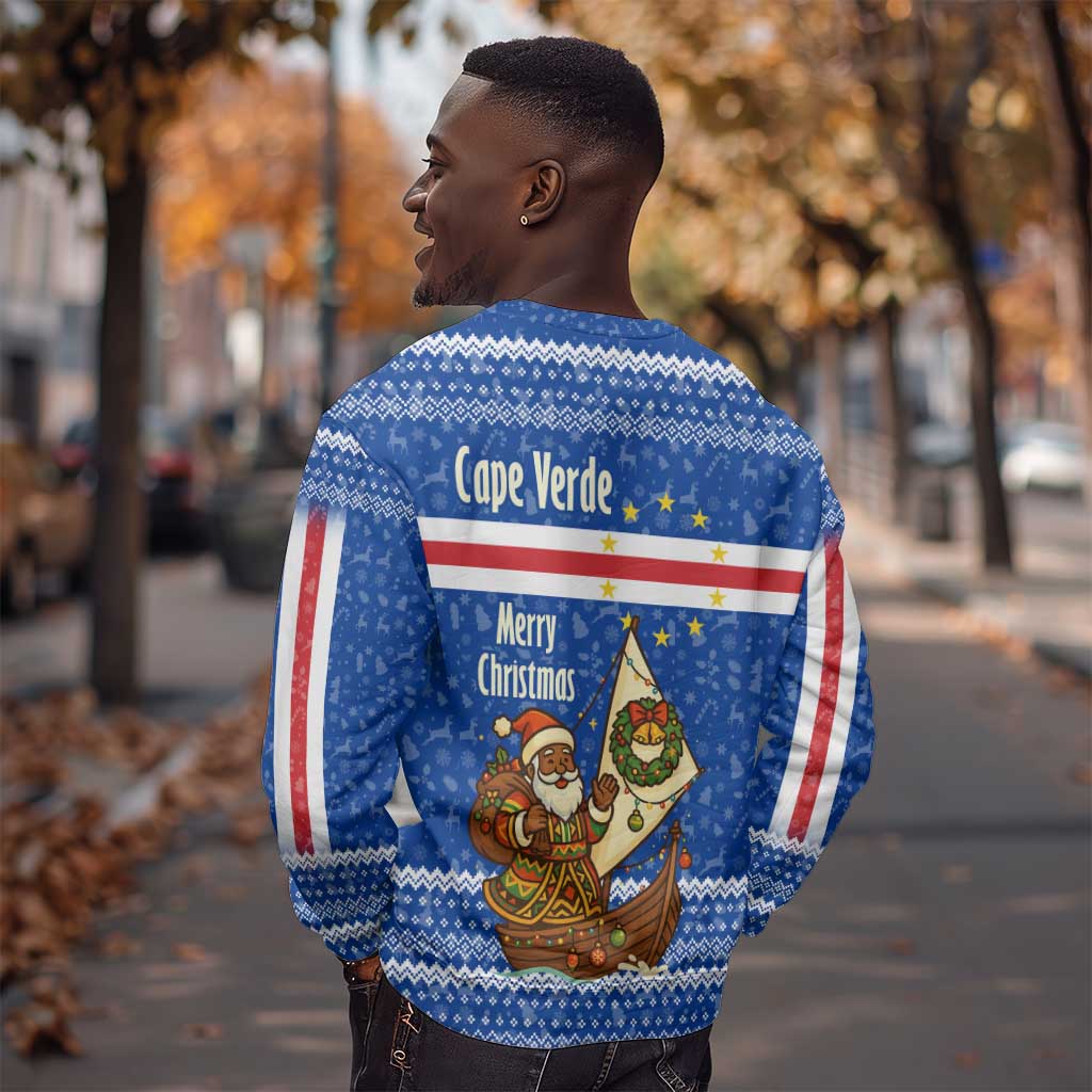 Cape Verde Christmas Sweatshirt Blue Festive Pattern Sailing Santa and National Emblem Motif - African Pride