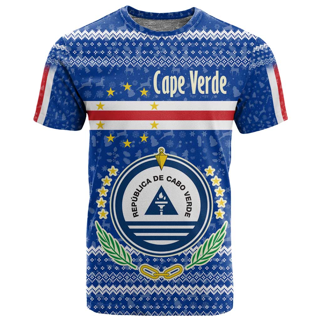 Cape Verde Christmas T shirt Blue Festive Pattern Sailing Santa and National Emblem Motif - African Pride