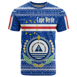 Cape Verde Christmas T shirt Blue Festive Pattern Sailing Santa and National Emblem Motif - African Pride