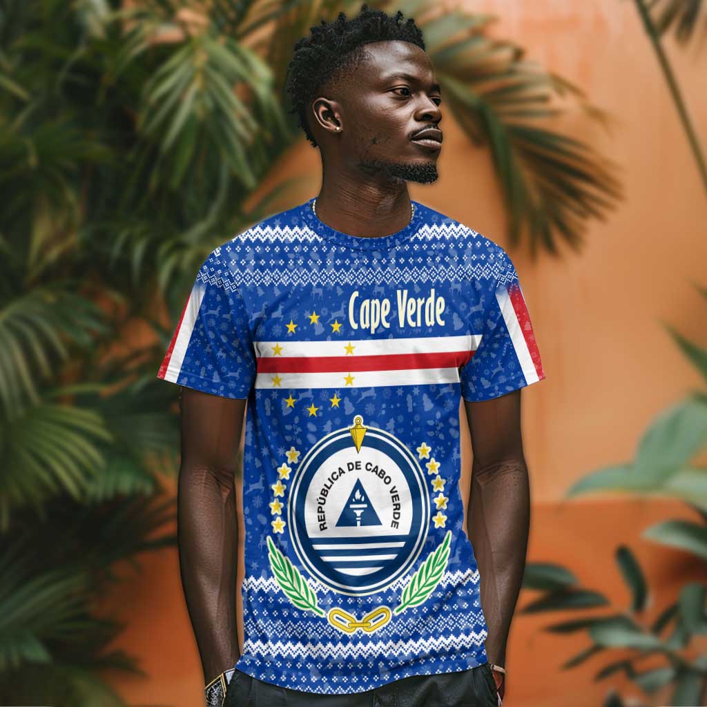 Cape Verde Christmas T shirt Blue Festive Pattern Sailing Santa and National Emblem Motif - African Pride