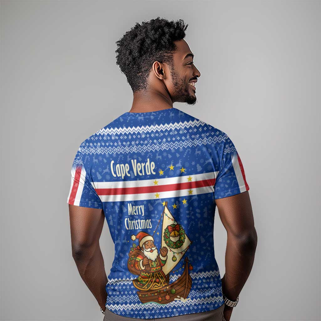 Cape Verde Christmas T shirt Blue Festive Pattern Sailing Santa and National Emblem Motif - African Pride