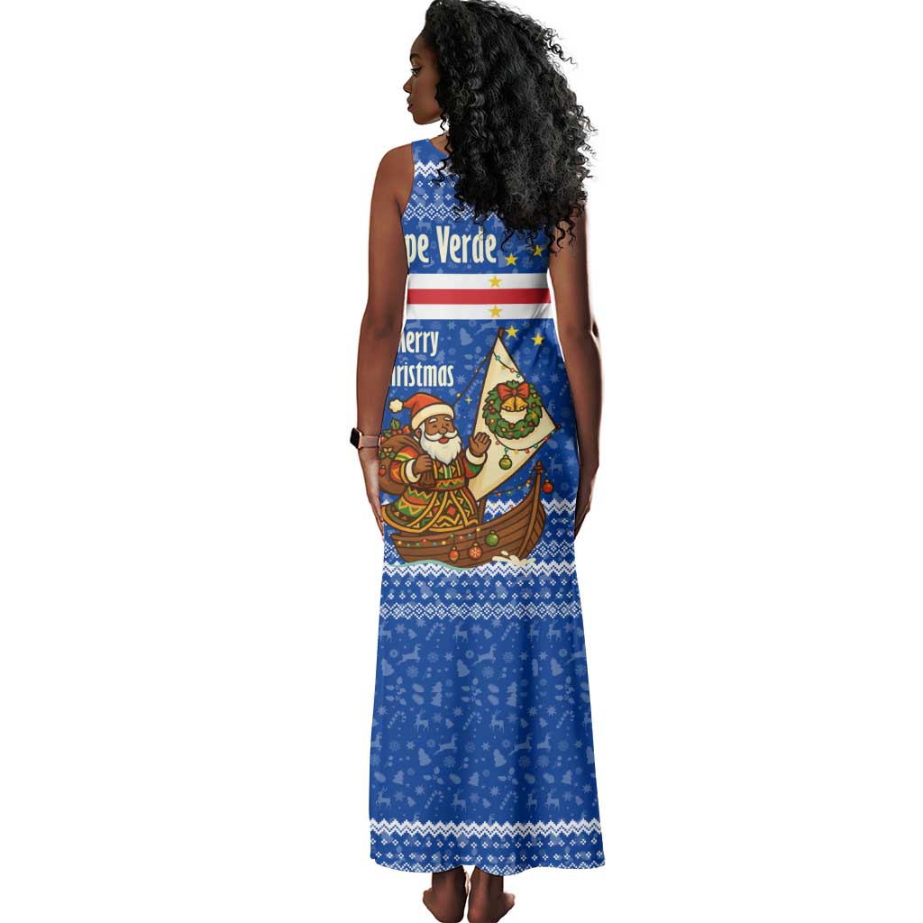 Cape Verde Christmas Tank Maxi Dress Blue Festive Pattern Sailing Santa and National Emblem Motif - African Pride