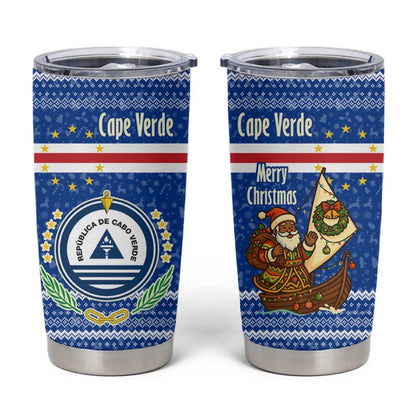 Cape Verde Christmas Tumbler Cup Blue Festive Pattern Sailing Santa and National Emblem Motif - African Pride