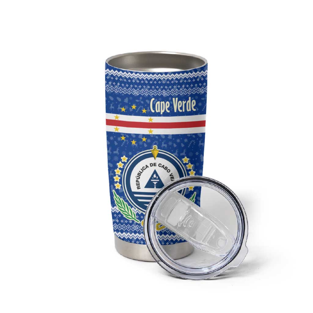 Cape Verde Christmas Tumbler Cup Blue Festive Pattern Sailing Santa and National Emblem Motif - African Pride