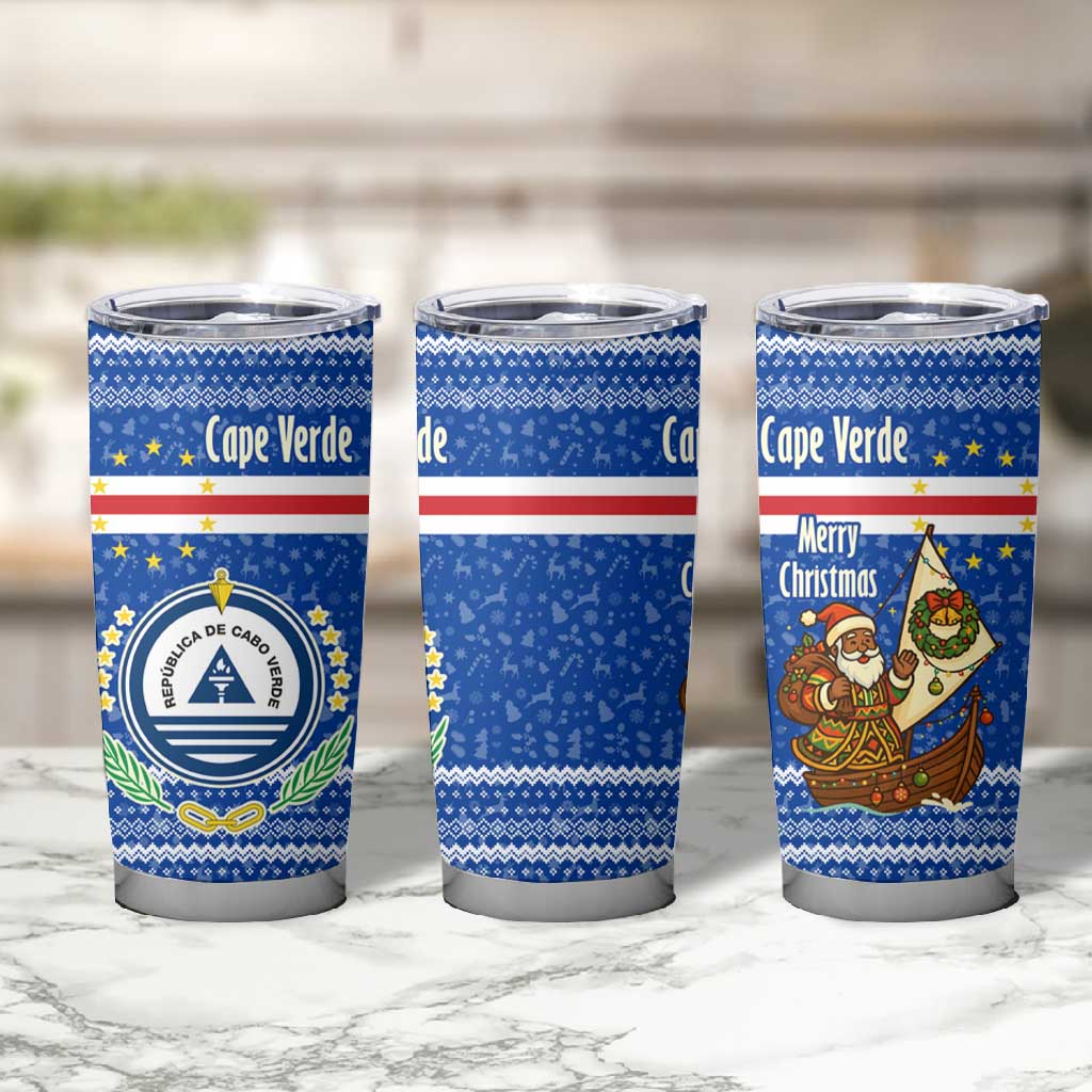 Cape Verde Christmas Tumbler Cup Blue Festive Pattern Sailing Santa and National Emblem Motif - African Pride
