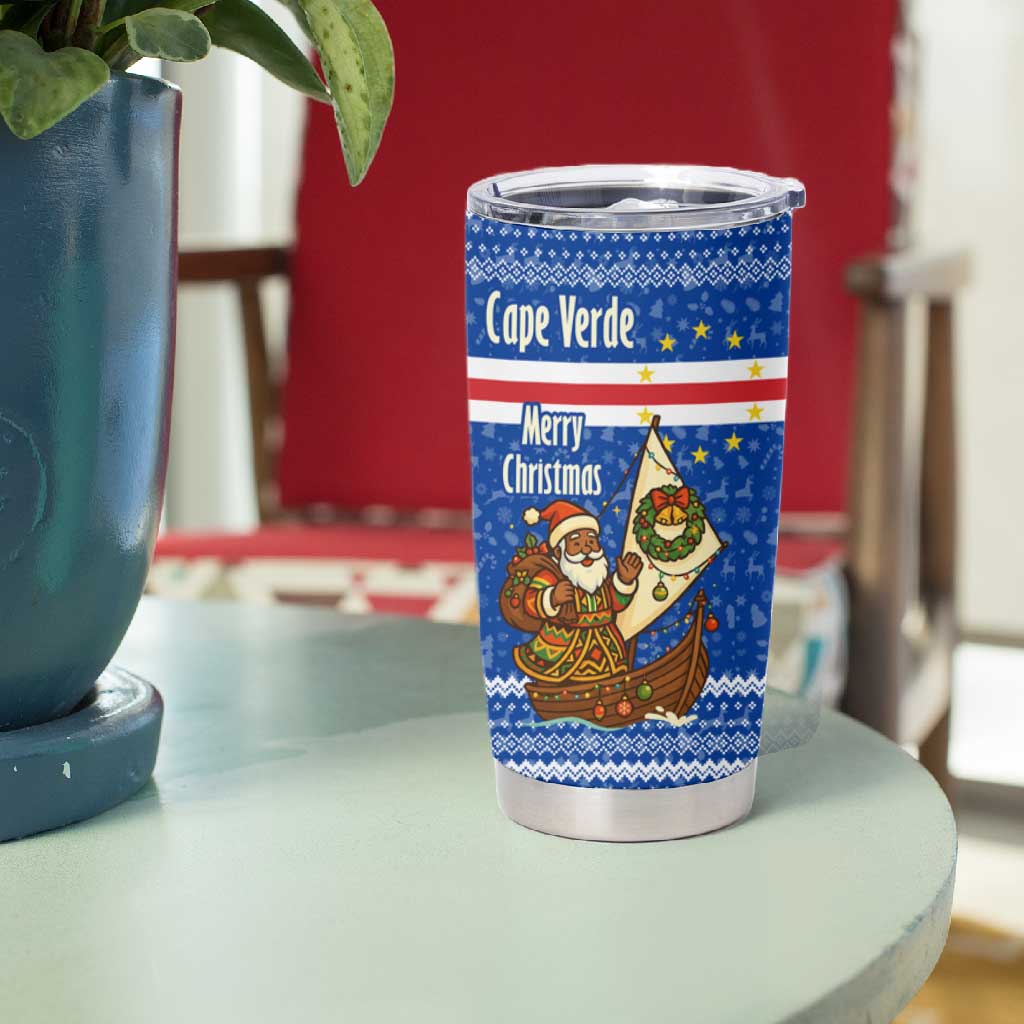 Cape Verde Christmas Tumbler Cup Blue Festive Pattern Sailing Santa and National Emblem Motif - African Pride
