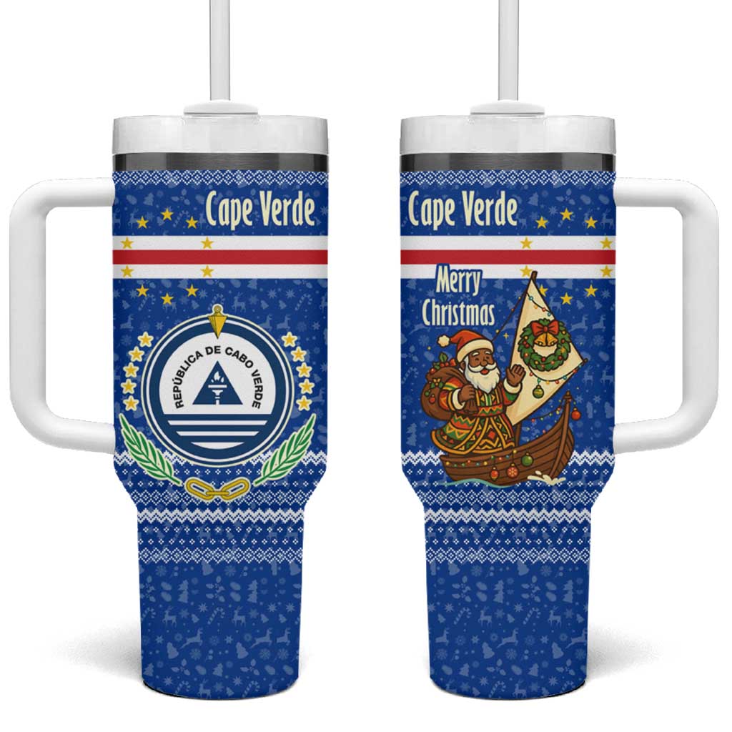 Cape Verde Christmas Tumbler With Handle Blue Festive Pattern Sailing Santa and National Emblem Motif - African Pride