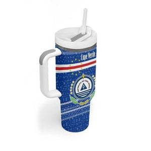 Cape Verde Christmas Tumbler With Handle Blue Festive Pattern Sailing Santa and National Emblem Motif - African Pride