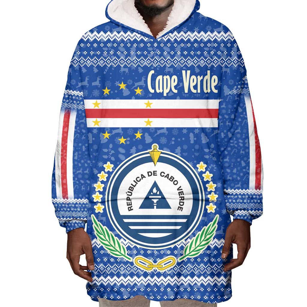 Cape Verde Christmas Wearable Blanket Hoodie Blue Festive Pattern Sailing Santa and National Emblem Motif - African Pride