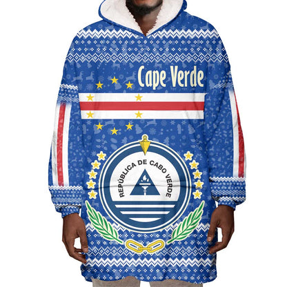 Cape Verde Christmas Wearable Blanket Hoodie Blue Festive Pattern Sailing Santa and National Emblem Motif - African Pride
