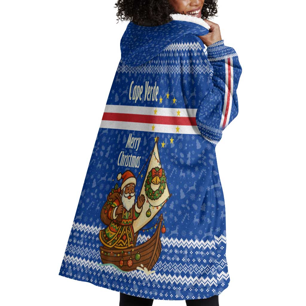Cape Verde Christmas Wearable Blanket Hoodie Blue Festive Pattern Sailing Santa and National Emblem Motif - African Pride