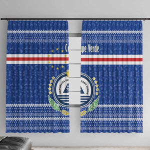 Cape Verde Christmas Window Curtain Blue Festive Pattern Sailing Santa and National Emblem Motif - African Pride