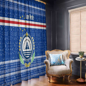 Cape Verde Christmas Window Curtain Blue Festive Pattern Sailing Santa and National Emblem Motif - African Pride