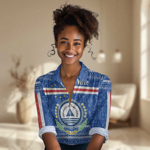 Cape Verde Christmas Women Casual Shirt Blue Festive Pattern Sailing Santa and National Emblem Motif - African Pride