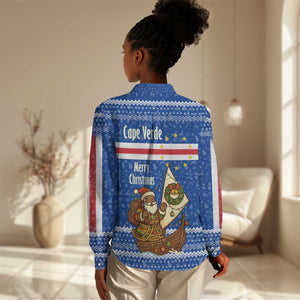 Cape Verde Christmas Women Casual Shirt Blue Festive Pattern Sailing Santa and National Emblem Motif - African Pride
