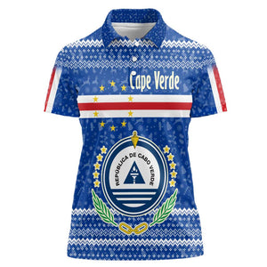 Cape Verde Christmas Women Polo Shirt Blue Festive Pattern Sailing Santa and National Emblem Motif - African Pride