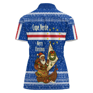 Cape Verde Christmas Women Polo Shirt Blue Festive Pattern Sailing Santa and National Emblem Motif - African Pride